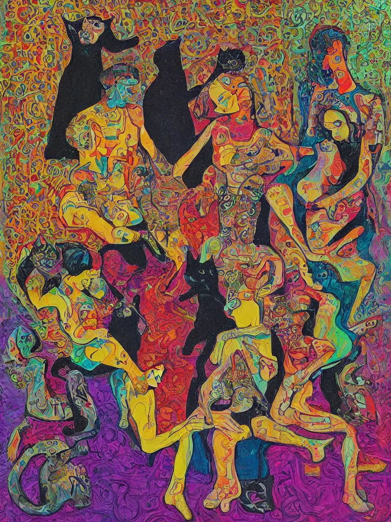 Image similar to Three Women and Three Cats, a psychedelic artwork by Alton Kelley