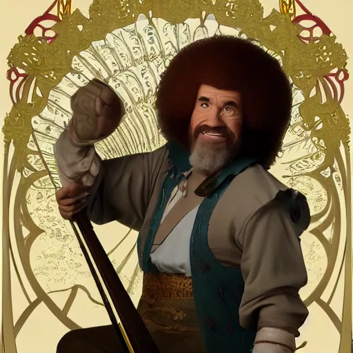 Image similar to an ultra detailed vector image of bob ross dressed as a fantasy bard, d & d, epic fantasy, concept art by alphonse mucha and greg rutkowski, octane render, 8 k, detailed face