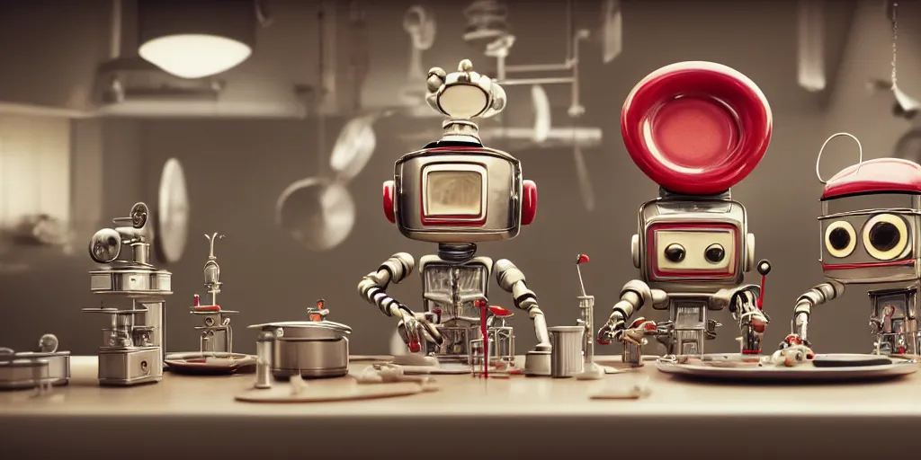 Prompt: closeup portrait of tin toy retro robot scientists cooking pastry in a kitchen, depth of field, zeiss lens, detailed, centered, fashion photoshoot, by nicoletta ceccoli, mark ryden, lostfish, breathtaking, 8 k resolution, extremely detailed, beautiful, establishing shot, artistic, hyperrealistic, octane render