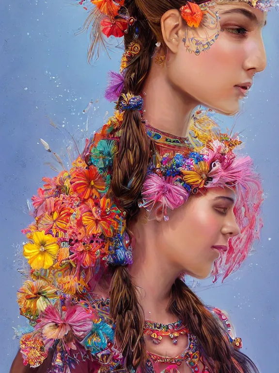 Image similar to beautiful portrait of a mediterranean female wearing fantastic Hand-dyed cotton dress, embellished beaded feather decorative fringe knots ,colorful pigtail,subtropical flowers and plants,symmetrical face,intricate,elegant, highly detailed, 8k,post-processing,digital painting, trending on artstation, concept art, sharp focus, illustration, by artgerm,Tom Bagshaw,Daniel Gerhartz,Albert Aublet,Lawrence Alma-Tadema