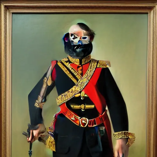 Image similar to An exquisite modern painting of a chimpanzee dressed like a bearded Napoleon with correct military uniform, no frames