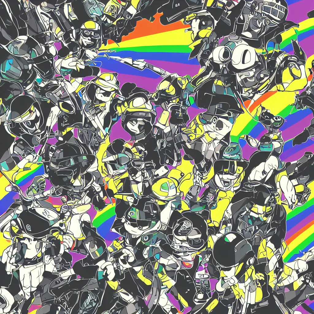 Image similar to people wearing helmets, ryuta ueda artwork, jet set radio artwork, stripes, gloom, space, cel - shaded art style, broken rainbow, data, minimal, speakers, code, cybernetic, dark, eerie, cyber