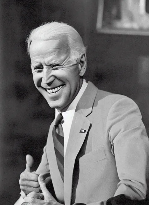 Image similar to creepy joe biden staring directly at you ominously with an eerie comically big scary smile, 1940s scare tactic propaganda art