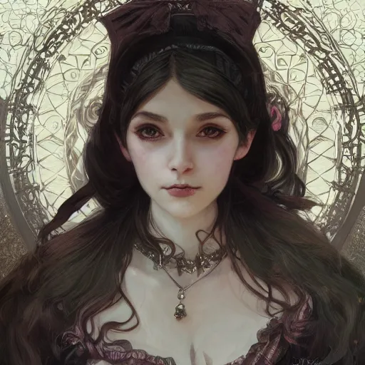 Prompt: portrait of a gothic lolita, D&D, fantasy, intricate, elegant, highly detailed, soft lighting, soft mood, digital painting, artstation, smooth, sharp focus, illustration, art by Tia Kratter, Katherine Sarafian, artgerm and greg rutkowski and alphonse mucha