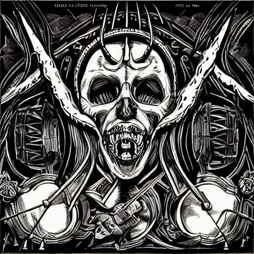 Image similar to diabolus in musica, two frames!!! layout, album cover art in a style of motorhead