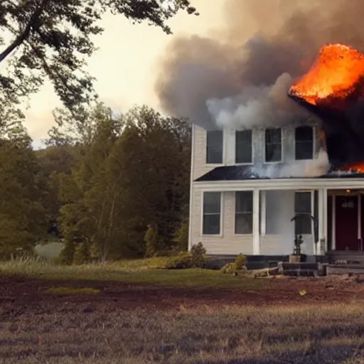 Prompt: realistic photo of jesse bodwell ’ s new house in vermont on fire