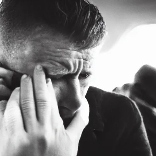 Image similar to a black and white photograph of a lonely man crying all by himself on an airplane, moody