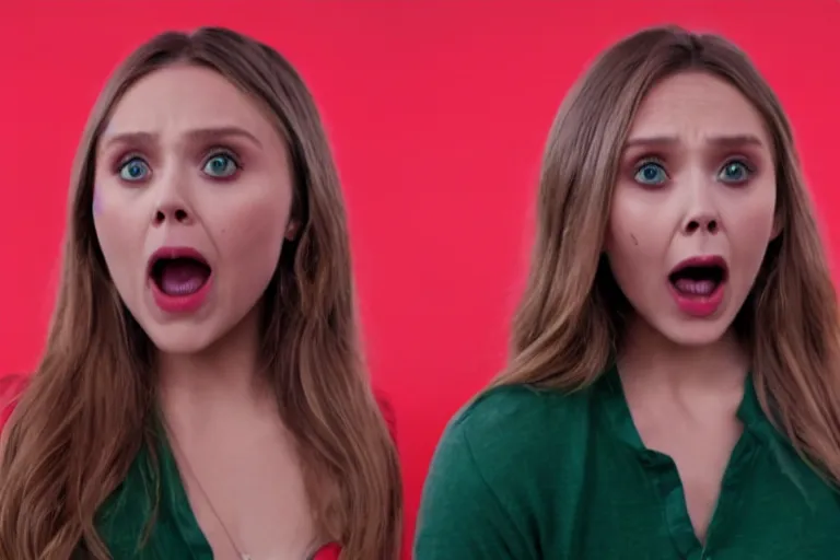 Prompt: Elizabeth olsen with red shirt angry and pointing , green screen background, cinematic shot