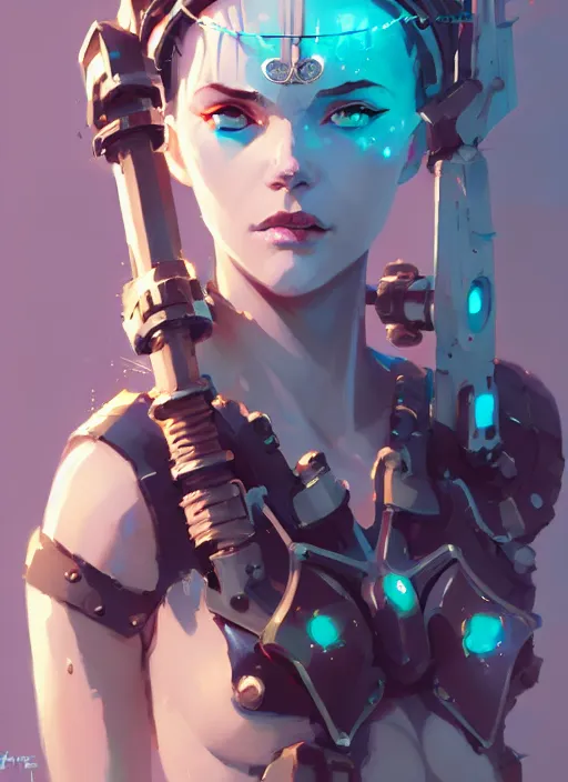 Image similar to portrait of cute maiden girl with crown of thorns in cyber bikini armor, warhammer, cyberpunk, by atey ghailan, by greg rutkowski, by greg tocchini, by james gilleard, by joe fenton, by kaethe butcher, dynamic lighting, gradient light blue, brown, blonde cream and white color in scheme, grunge aesthetic