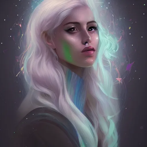 Image similar to portrait of a woman inspired by lois van baarle, charlie bowater, anna dittmann, illustration, iridescent, iridescent hair, face, hair styles, light makeup, glitter, self confidence, cinematic 8 k