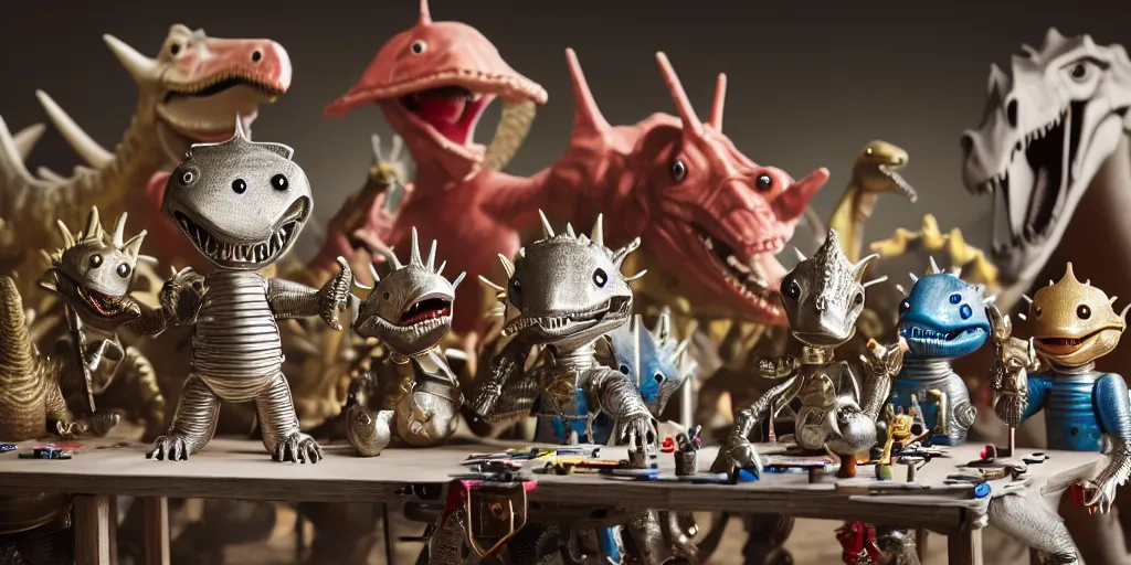 Image similar to closeup portrait of tin toy knights riding dinosaurs fighting on white paper table in an artist workshop, depth of field, zeiss lens, detailed, centered, fashion photoshoot, by nicoletta ceccoli, mark ryden, lostfish, breathtaking, 8 k resolution, extremely detailed, beautiful, establishing shot, artistic, hyperrealistic, octane render