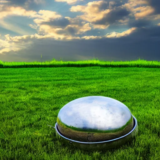 Prompt: a realistic silver ufo landed on a green field by the side of a country road, early morning, green hills, fences, blue sky, matte painting, 8 k