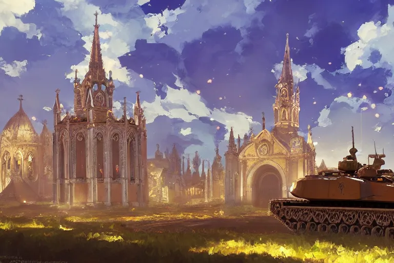 Image similar to concept art of a huge ornate church with lots of smaller chapels combined on top of a tank aka churchtank in an open field, key visual, ambient lighting, highly detailed, digital painting, artstation, concept art, sharp focus, by makoto shinkai and akihiko yoshida and greg manchess