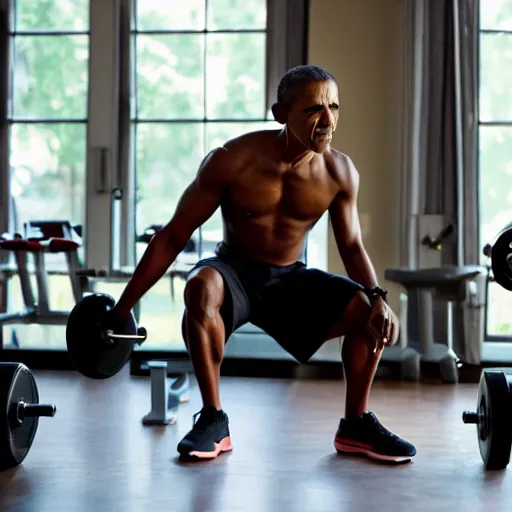 Image similar to Obama and buff Chad are both working out in the same room, 40nm lens, shallow depth of field, split lighting, 4k,