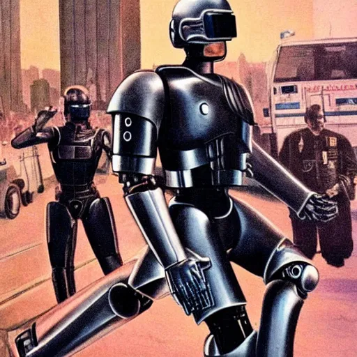 Image similar to robocop arresting all humans, detailed