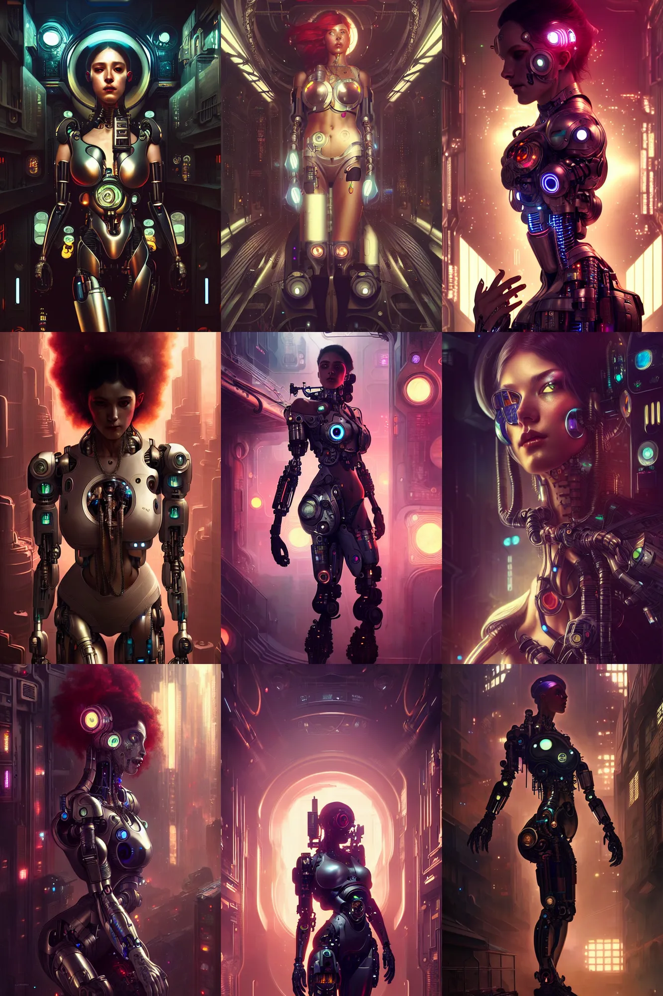 Image similar to ultra realistic, beautiful female cyborg in a crowded smoky cyberpunk club in space megalopolis, sci - fi, intricate details, eerie, highly detailed, octane render, 8 k, art by artgerm and alphonse mucha and greg rutkowski