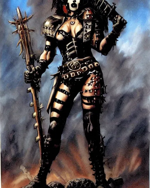 Image similar to portrait of kamala harris as a skinny punk goth soldier wearing armor by simon bisley, john blance, frank frazetta, fantasy, barbarian