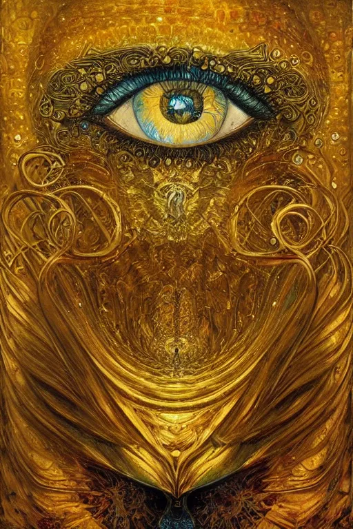 Prompt: The Heart of Gold by Karol Bak, Jean Deville, Gustav Klimt, and Vincent Van Gogh, otherworldly, fractal structures, arcane, prophecy, ornate gilded medieval icon, third eye, spirals