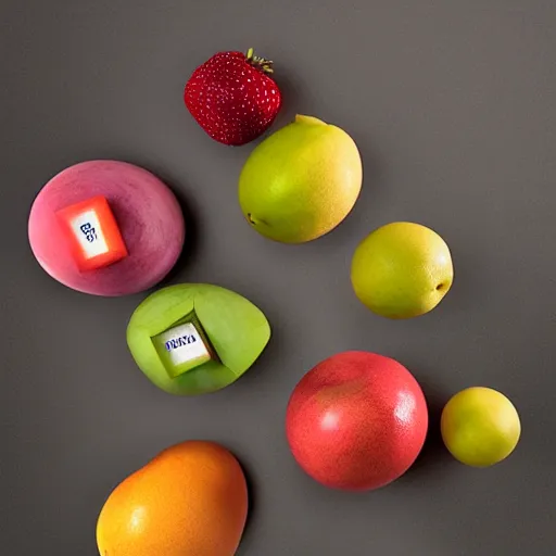 Prompt: cubes of different fruits arranged in a larger three by three cube studio lighting