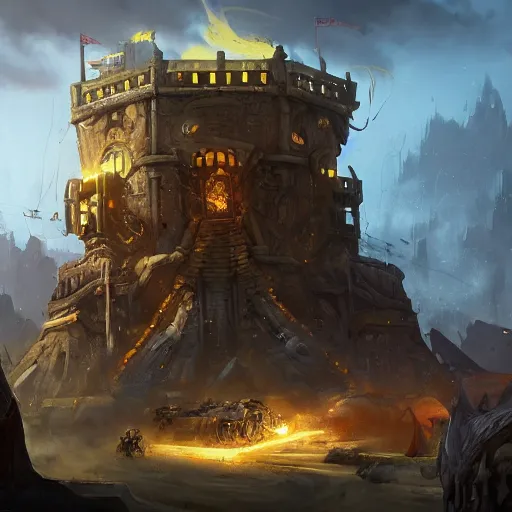 Image similar to a golden siege tower chariots, yellow magic theme, bright art masterpiece artstation. 8 k, sharp high quality artwork in style of jose daniel cabrera pena and greg rutkowski, concept art by tooth wu, blizzard warcraft artwork, hearthstone card game artwork, cart wheels