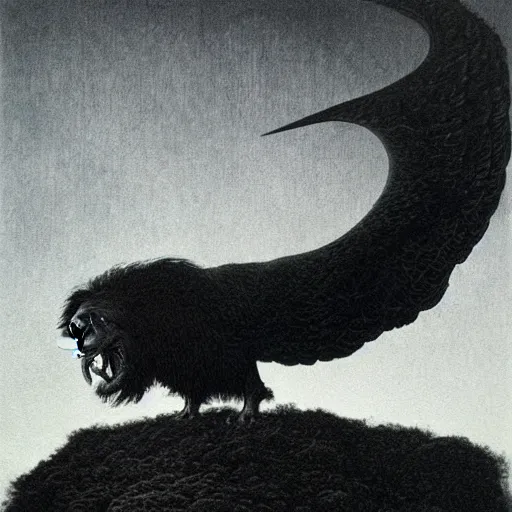 Image similar to the man with the beak of an eagle, the mane of a lion, the horns of a bull. drawn by zdzislaw beksinski