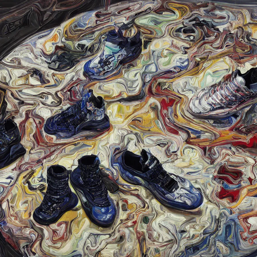 Image similar to futuristic balenciaga sneakers, nft art, highly detailed, hyper realistic, art by todd mcfarlane, by ( ( ( lucian freud ) ) ) and gregory crewdson and francis bacon