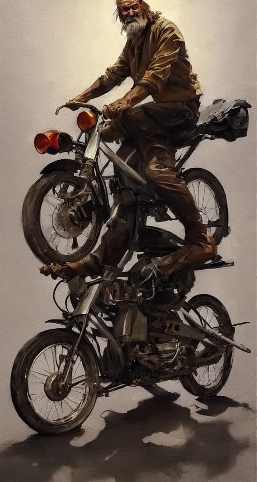 Image similar to greg manchess portrait painting of old man on moped motorbike, medium shot, asymmetrical, profile picture, organic painting, sunny day, matte painting, bold shapes, hard edges, street art, trending on artstation, by huang guangjian and ail elvgren and sachin teng