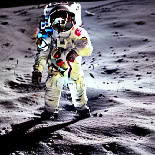 Prompt: photo of a mercury astronaut suit holding an electric guitar on the moon. detailed