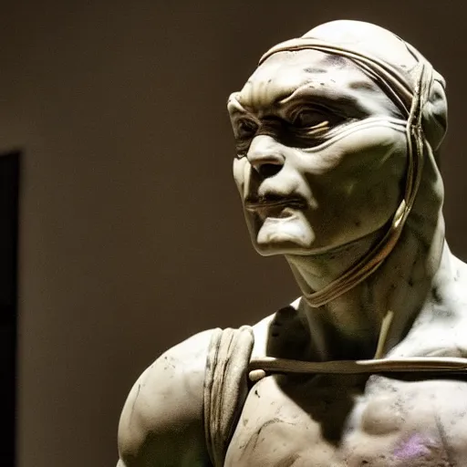 Prompt: donatello of the teenage mutant ninja turtles as a sculpture from the renaissance artist michelangelo, made of white marble, high details, cinematic, dramatic lighting, photorealistic