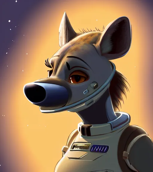 Image similar to digital detailed full body of anthromorphic female hyena, in style of zootopia, fursona, furry, furaffinity, 4 k, deviantart, wearing astronaut outfit, in style of zootopia, floating in space, space background, in deep space, dark background, hyena fursona, cyberpunk, female, stylized face,