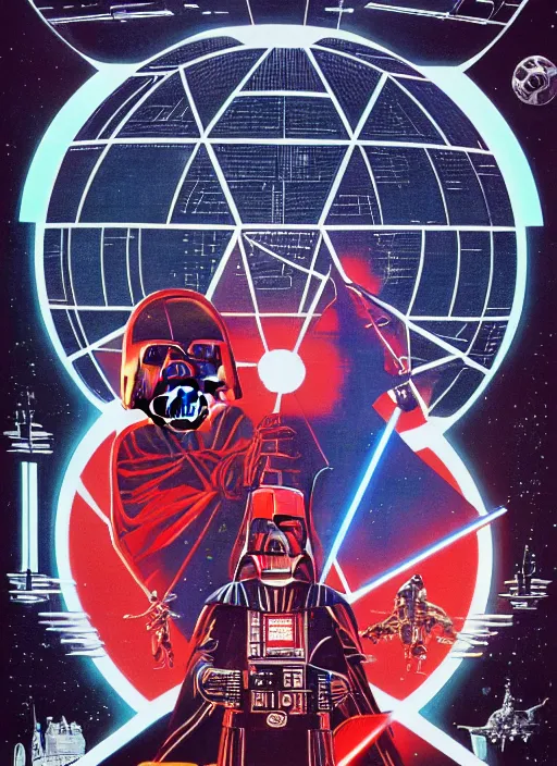 Prompt: film still of isometric symmetrical empire strikes back and darth vader, soviet propaganda poster, 1910, deathstar, artwork movie poster by Makoto Shinkai, high contrast vibrant colors, Ralph McQuarrie, New art nouveau, water color, moebius, fine lines, neon ink on black paper, Lucasfilm, Studio Ghibli