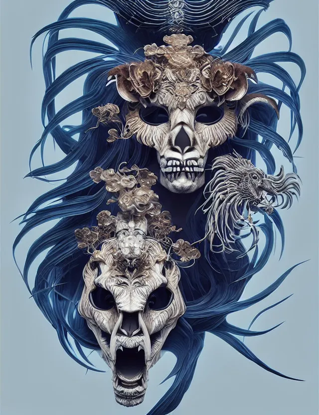 Image similar to 3 d goddess tiger skull half - turn portrait with long hair with ram skull. beautiful intricately detailed japanese crow kitsune mask and clasical japanese kimono. betta fish, jellyfish phoenix, bio luminescent, plasma, ice, water, wind, creature, artwork by tooth wu and wlop and beeple and greg rutkowski