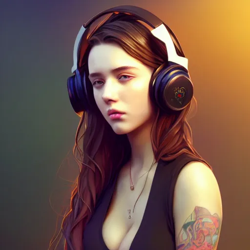 Prompt: beautiful full portrait of a girl, brunette curvy long hair, full - body shot, wearing cyberpunk headphones, streetwear, like a fashion model + high detailed, resolution beautifully detailed landscape trending on artstation 8 k, cinematic, epic detailed trending on artstation 8 k, by bukurote + krenz cushart + ryota - h + wlop