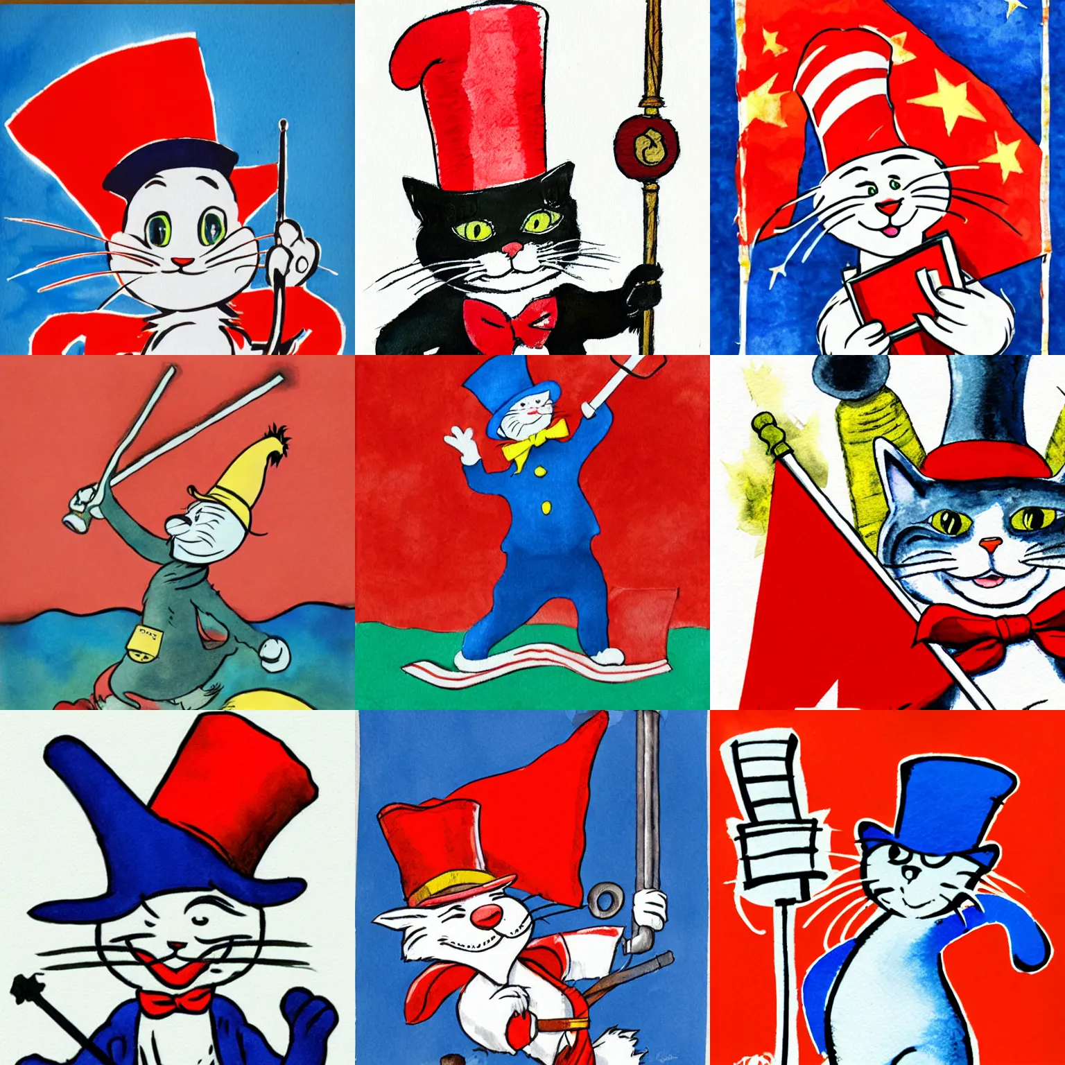 Prompt: the cat in the hat holding a flag, hammer and sickle, ussr flag, detailed, watercolor, in the style of dr. seuss, dr. seuss, zany