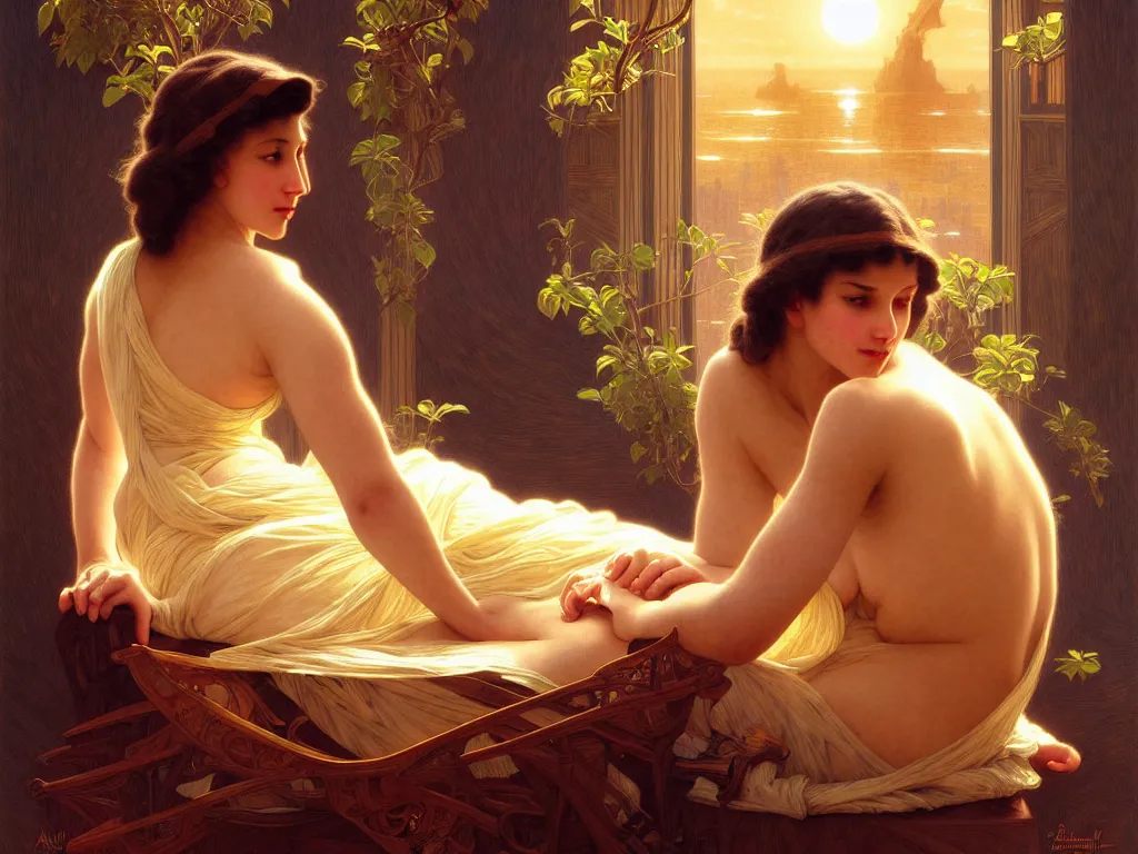 Prompt: ! dream long shot of big sun with a beautiful girl sitting, intricate, elegant, highly detailed, 1 9 2 0's style speakeasy, digital painting, artstation, concept art, smooth, sharp focus, illustration, art by artgerm and greg rutkowski and alphonse mucha and william - adolphe bouguereau,