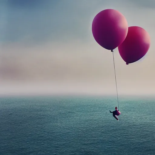 Prompt: a photograph of a floating house inspired by movie up, held by three small vibrant ballons in the air, mist, playful composition