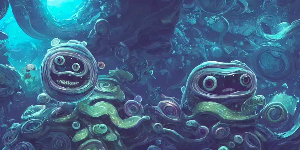 Image similar to of an intricate deep sea with strange cute friendly happy creatures with huge eyes, mouth, long tongue, round teeth and goofy face, appearing from the background, in the style of gehry and gaudi, macro lens, shallow depth of field, ultra detailed, digital painting, trending artstation, concept art, illustration, cinematic lighting, photorealism, epic, octane render