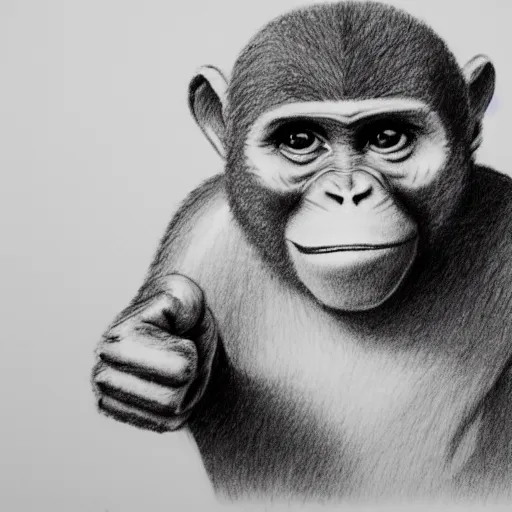 Image similar to happy monkey smiling giving a thumbs up, pencil drawing, dramatic lighting