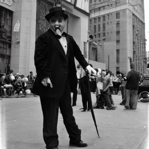 Image similar to mr monopoly 1930s street performer, 35mm film