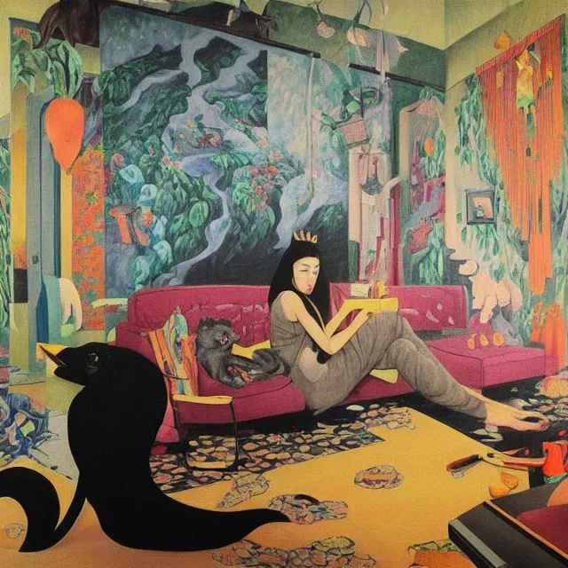 Image similar to catgirl emo art student in her lounge room, painting of flood waters inside an artist's loungeroom, a river flooding indoors, pomegranates, pigs, ikebana, water, octopus, river, rapids, waterfall, black swans, canoe, berries, acrylic on canvas, surrealist, by magritte and monet