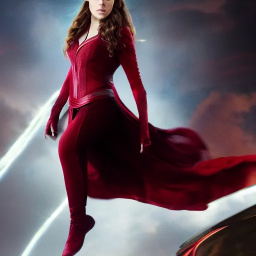 Image similar to high resolution photo of scarlet witch using her powers to levitate, 4 k, award winning photography.