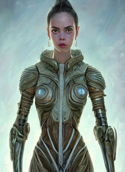 Image similar to a professional painting of a beautiful young female alien, clothed in ethereal armor, olive skin, long dark hair, beautiful bone structure, symmetrical facial features, intricate, elegant, digital painting, concept art, smooth, sharp focus, illustration, from Valerian and the City of a Thousand Planets, by Ruan Jia and Mandy Jurgens and Artgerm and William-Adolphe Bouguerea