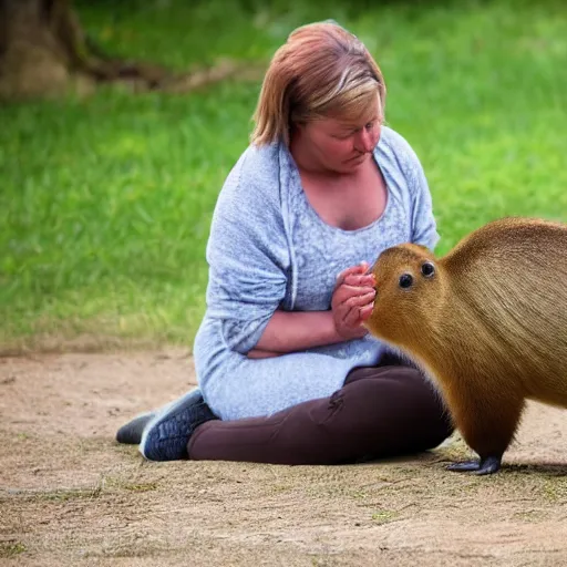 Image similar to woman praying to a capybara that is sitting on a pedastal