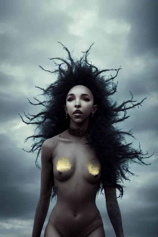 Image similar to a photorealistic portrait of tinashe as mysterious dark goddess of death, realism, clouds, swirling fabric, elaborate ornate growth, gilded relief, trending on artstation, by alessio albi