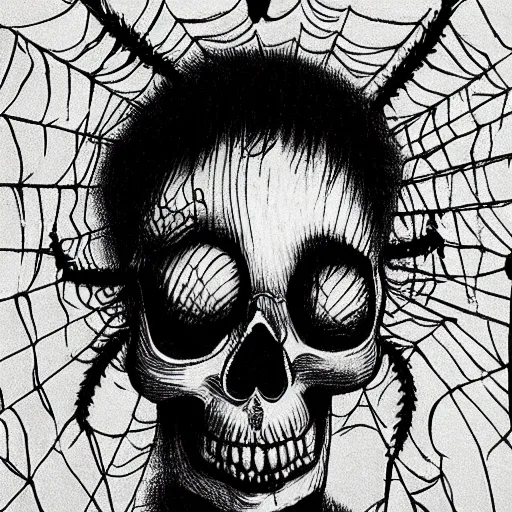 Image similar to “drawing of a person’s head with top of skull removed, inside of the head a full of spider, Junji Ito”