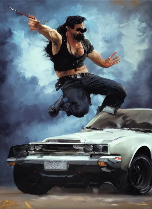 Prompt: dr. disrespect, driving car, reckless, painting by phil hale, fransico goya,'action lines '!!!, graphic style, visible brushstrokes, motion blur, blurry, visible paint texture, crisp hd image