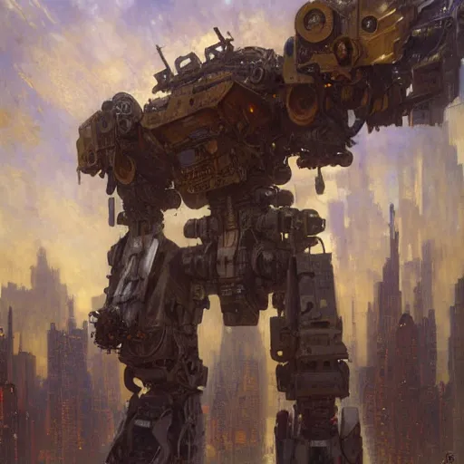 Image similar to six meters tall mech fighting in an urban environment, epic action scene, by gaston bussiere craig mullins jc leyendecker gustav klimt artgerm greg rutkowski john berkey, bergey, craig mullins, ruan jia, raymond swanland, jeremy mann, tom lovell, alex malveda, ray casting, hdr