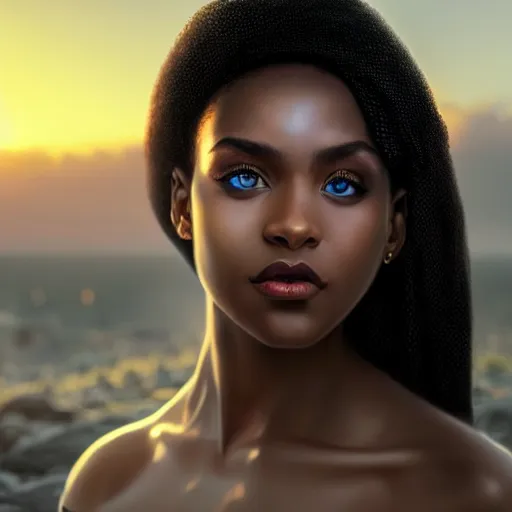 Prompt: a Photorealistic dramatic hyperrealistic bright blue eyes, African American elegant girl, black hair, white veil,by WLOP,Artgerm,Greg Rutkowski,Alphonse Mucha, Dang My Linh, Beautiful dynamic dramatic bright sunset lighting,shadows,cinematic atmosphere,Artstation,concept design art,Octane render,8k