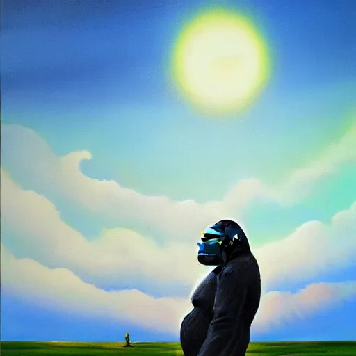 Image similar to haunted surrealist painting of a gorilla, landscape background, oil painting