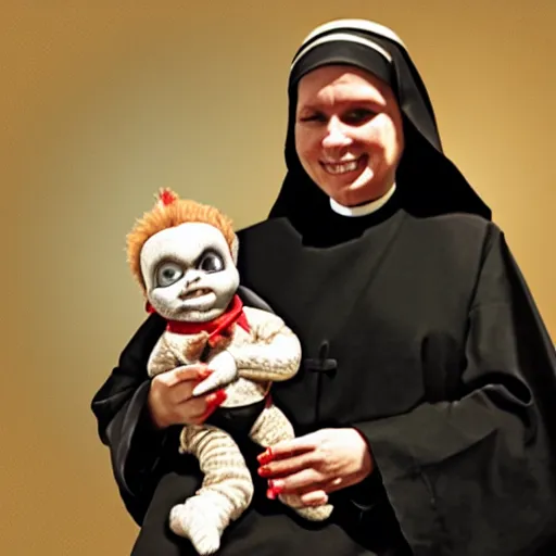 Image similar to a nun in church holding chucky the demonic killer doll on her lap